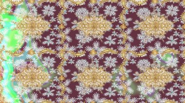 Raster altın tekstil baskısı. İslam tasarımı. Eskiz desenli oryantal süs. Çiçek kiremitleri. Altın elementlerle kahverengi renklerde altın desen.