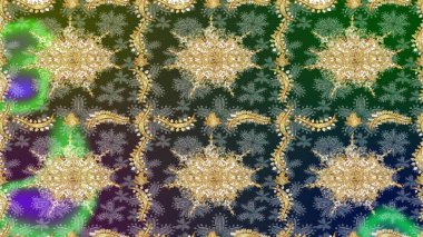 Altın çiçekli yeşil renklerde altın eskiz deseni. Raster geometrik arka plan. Senin tasarımın için, duvar kağıdı. Altın renkli çizim çizimi.