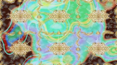 Damask arkaplanı. Barok tarzında altın çiçekli süs. Altın çiçekli eskiz deseni. Tarafsız renklerdeki altın element.