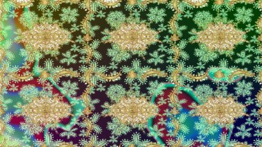 Yeşil renkte altın. Doğum günü kartı, davetiye ya da afiş için iyidir. Ortaçağ çiçek desenini çiz. Dekoratif simetri arabesk. Raster illüstrasyonu.