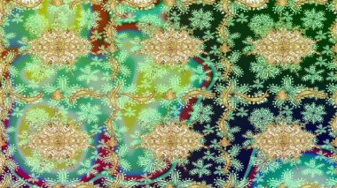 Eskiz oryantal klasik altın desen. Yeşil renklerde altın tekrarlayan elementler içeren Raster soyut arkaplanı.