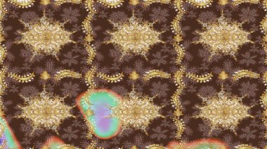 Kahverengi renklerde altın desenler ve altın elementler. Arkaplan, kumaş, altın duvar kağıdı. Düz elle çizilmiş klasik koleksiyon. Raster altın eskiz deseni.