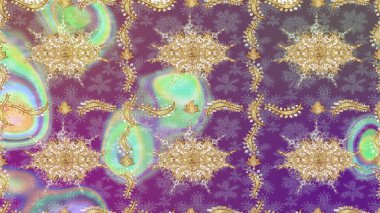 Raster illüstrasyonu. Tekrarlayan elementlerle soyut arkaplan oluşturun. Mor renkler ve altın elementler üzerine altın eskiz deseni. Sketch damask klasik altın desen.