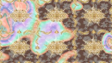 Kına dövmeli süs çiçekleri, altın çıkartmalar, mehndi ve yoga tasarımı, kartlar ve parmak izleri. Raster Golden Mehndi eskiz kalıbı. Tarafsız renklerde desen.