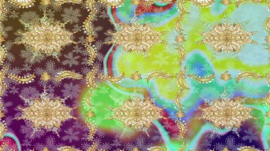 Altın elementlerle nötr renklerde altın desen. Çiçek kiremitleri. İslam tasarımı. Raster altın tekstil baskısı. Çizim desenli oryantal süs.