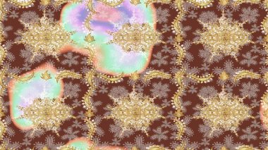 Kahverengi renklerde altın desenler ve altın elementler. Altın şablonu çiz. Raster doğulu süsü.