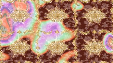 Altın karalama fantezi yapraklarından ve kahverengi renkli çiçeklerden Raster soyut çiçek çelengi. El yapımı dekoratif çerçeve, albüm kapağı, tebrik kartı, klasik Art deco tarzı.