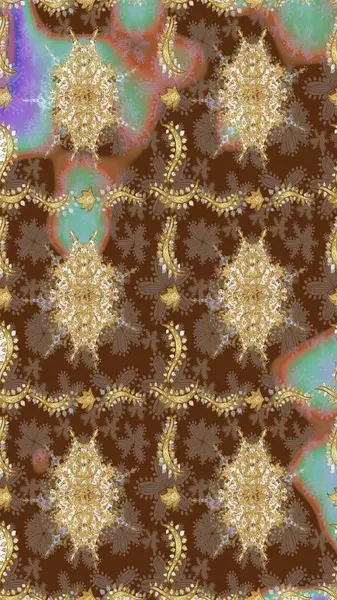 Tekrarlayan elementlerle soyut arkaplan oluşturun. Kahverengi ve altın elementli altın çizim deseni. Klasik altın desenli eskiz. Raster illüstrasyonu.