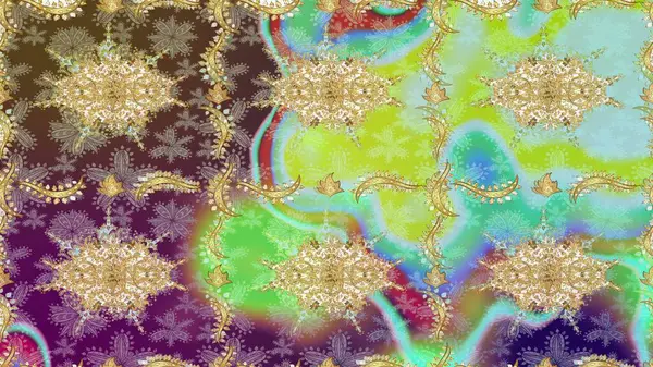 Altın elementlerle nötr renklerde altın desen. Çiçek kiremitleri. İslam tasarımı. Raster altın tekstil baskısı. Çizim desenli oryantal süs.