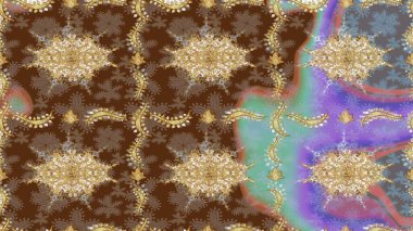 Damask arkaplanı. Altın çiçekli eskiz deseni. Barok tarzında altın çiçekli süs. Kahverengi renklerdeki altın element.