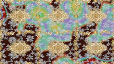 Barok tarzında duvar kâğıdı tasarımı için eskiz şablonu arka planı. Süslü raster dekorasyonu. Altın elementlerle kahverengi renklerde altın desen.