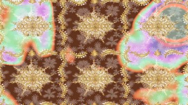 Geleneksel oryantasyon süsü. Klasik Raster altın desenini çiz. Klasik klasik klasik arka plan. Raster illüstrasyonu. Kahverengi renklerde altın elementlerle çizim deseni.