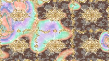 Kına dövmeli süs çiçekleri, altın çıkartmalar, mehndi ve yoga tasarımı, kartlar ve parmak izleri. Raster Golden Mehndi eskiz kalıbı. Tarafsız renklerde desen.