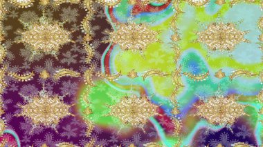 Altın elementlerle nötr renklerde altın desen. Çiçek kiremitleri. İslam tasarımı. Raster altın tekstil baskısı. Çizim desenli oryantal süs.