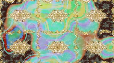 Kraliyet lüksü, altın barok kumaş rengi eskiz. Raster eskiz deseni altın antika ortaçağ dekoratifi, yapraklar ve altın desenli süslemeler tarafsız renklerde..