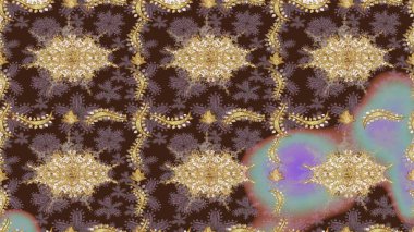 Sembol bayramı, yeni yıl kutlamaları, altın desenler. Noel Altın Kar Tanesi eskiz modeli. Kış kar dokusu duvar kağıdı. Kahverengi renkte altın kar taneleri.