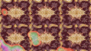 Kahverengi renklerde altın elementlerle Raster eskiz deseni. Tasarım için Damask çizim deseni.