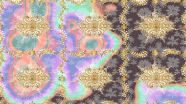 Raster. Tarafsız renklerde altın elementlerle çizim. Parlak dantel, stilize çiçekler, şal desenli. Hassas altın deseni açın. Altın desenli bukleler çiz. Doğu tarzı arabesk.