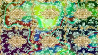 Klasik Raster Golden eskiz kalıbı. Çiçek süsü kumaş deseni, cam, çiçek desenli metal altın elementli yeşil renkte.