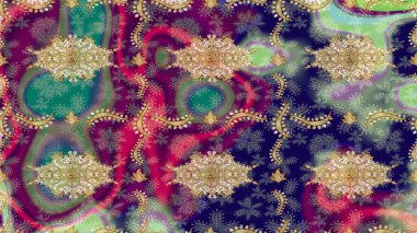 Mor renklerde altın tekrarlayan elementlerle soyut arkaplan. Eskiz oryantal klasik altın desen.