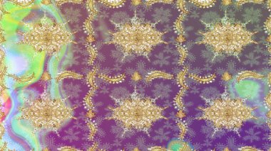 Altın şablonu çiz. Tarafsız renkler ve altın elementler. Raster altın çiçek süsü brokar kumaş ve cam desenli. Çiçek desenli altın metal..