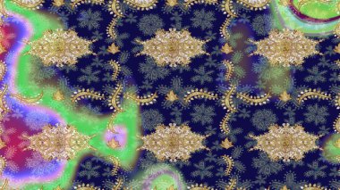 Süslü dekorasyon. Damask altın soyut çiçek deseni mavi renkte. Raster illüstrasyonu.