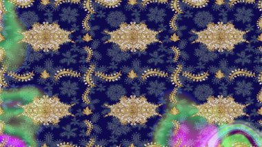 Tekrarlayan ögelerle soyut arkaplan çiz. Klasik raster şablonu. Mavi ve altın desenli.