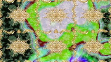 Süslü raster dekorasyonu. Barok tarzında duvar kâğıdı tasarımı için eskiz şablonu arka planı. Altın elementlerle yeşil renklerde altın desen.