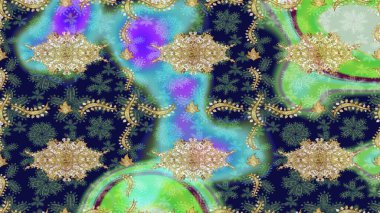 Doğulu stil, altın elementli mavi renkli altın desenli arabesk yapar. Raster altın desen. Kıvrımlı çizimler.