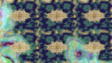 Geleneksel raster ve altın desen. Klasik oryantal desen mavi renkten üstündür. Damask taslak süsü.