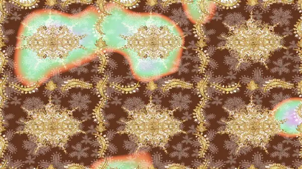 Senin tasarımın için, duvar kağıdı. Kahverengi renklerde altın çiçekli eskiz deseni. Raster geometrik arka plan. Altın renkli çizim çizimi.