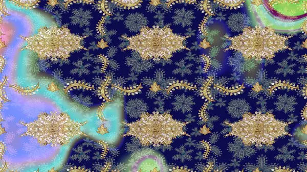 Altın çiçekli eskiz deseni. Mavi renkte altın bir element. Damask arkaplanı. Barok tarzında altın çiçekli süs..