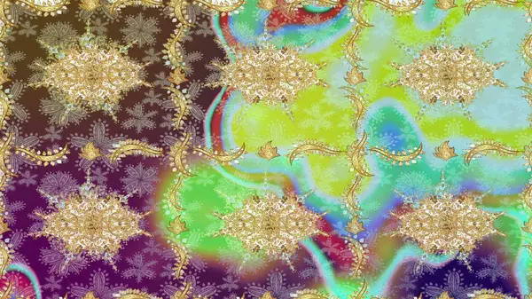 Altın elementlerle nötr renklerde altın desen. Çiçek kiremitleri. İslam tasarımı. Raster altın tekstil baskısı. Çizim desenli oryantal süs.