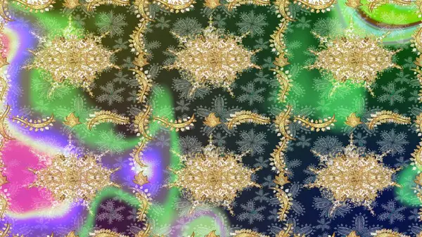 Doğu tarzında klasik tasarım öğesi. Süslü dantel iz sürücü. Duvar kâğıdı için altın süslü bir illüstrasyon. Çiçek süslemeli Raster eskiz deseni. Yeşil renkler üzerine geleneksel Arapça dekor.