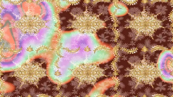 Altın karalama fantezi yapraklarından ve kahverengi renkli çiçeklerden Raster soyut çiçek çelengi. El yapımı dekoratif çerçeve, albüm kapağı, tebrik kartı, klasik Art deco tarzı.