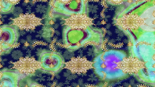 Altın elementlerle mavi renklerde altın desen. Çiçek kiremitleri. Eskiz desenli oryantal süs. Raster altın tekstil baskısı. İslam tasarımı.