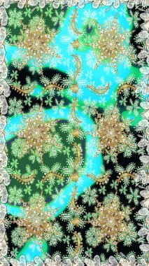 Altın antika ortaçağ dekoratifi, yapraklar ve tarafsız renklerde altın desenli süslemeleri olan dikişsiz bir şablon. Kusursuz kraliyet lüksü, altın barok kumaş rengi..