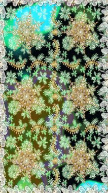 Yeşil renkte altın bir element. Altın çiçekli, pürüzsüz desen. Damask arkaplanı. Barok tarzında altın çiçekli süs..