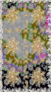 Altın çiçekli, pürüzsüz desen. Barok tarzında altın çiçekli süs. Damask arkaplanı. Gri renklerdeki altın element.