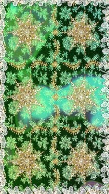 Parlak dantel, stilize çiçekler, şal desenli. Doğu tarzı arabesk. Raster sanatı. Hassas altın deseni açın. Yeşil renklerde, altın elementlerle kusursuz desen. Kusursuz altın dokular bukleler