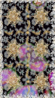 Süslü dekorasyon. Damask altın soyut çiçek gri renklerde pürüzsüz desen. Raster illüstrasyonu.