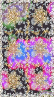 Gri renkli ve altın elementli altın desenli. Çiçek kiremitleri. İslam tasarımı. Raster altın tekstil baskısı. Kusursuz desenli oryantal süs.