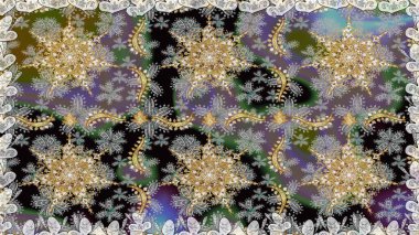 Klasik oryantal desen gri renklerden üstündür. Damask pürüzsüz süsü. Geleneksel raster ve altın desen.