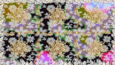 Kusursuz damaske klasik altın desen. Raster illüstrasyonu. Tekrarlayan elementlerle soyut arkaplan oluşturun. Gri renklerde altın ve altın elementler.