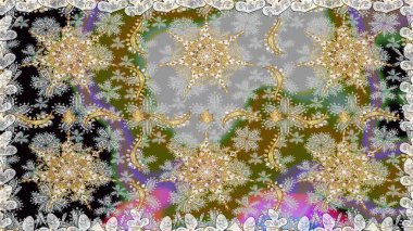 Parlak dantel, stilize çiçekler, şal desenli. Raster. Gri renklerde, altın elementlerle kusursuz desen. Kusursuz altın desenli bukleler. Doğu tarzı arabesk. Zarif altın deseni aç.