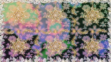 Raster altın tekstil baskısı. Kusursuz desenli oryantal süs. İslam tasarımı. Gri renkli ve altın elementli altın desenli. Çiçek karoları.