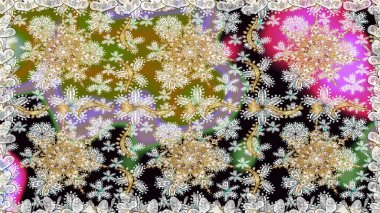 Dekoratif simetri arabesk. Doğum günü kartı, davetiye ya da afiş için iyidir. Kusursuz ortaçağ çiçek deseni. Raster illüstrasyonu. Tarafsız renklerde altın.