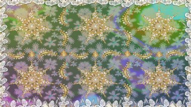 Dekoratif simetri arabesk. Raster illüstrasyonu. Gri renklerde altın. Kusursuz ortaçağ çiçek deseni. Doğum günü, davetiye ya da afiş için tebrik kartı.