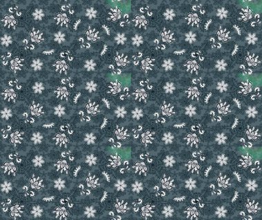 Raster deseni. Yumuşak, bahar çiçekleri yeşil ve mavi renklerde. Patlayan çiçekler soyut olarak yerleştirilmiş. Raster illüstrasyonu.