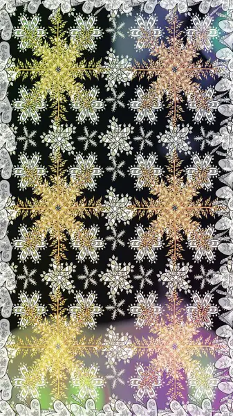 Kına dövmeli süs çiçekleri, altın çıkartmalar, mehndi ve yoga tasarımı, kartlar ve parmak izleri. Raster Golden Mehndi kusursuz desen. Gri renklerde desen.